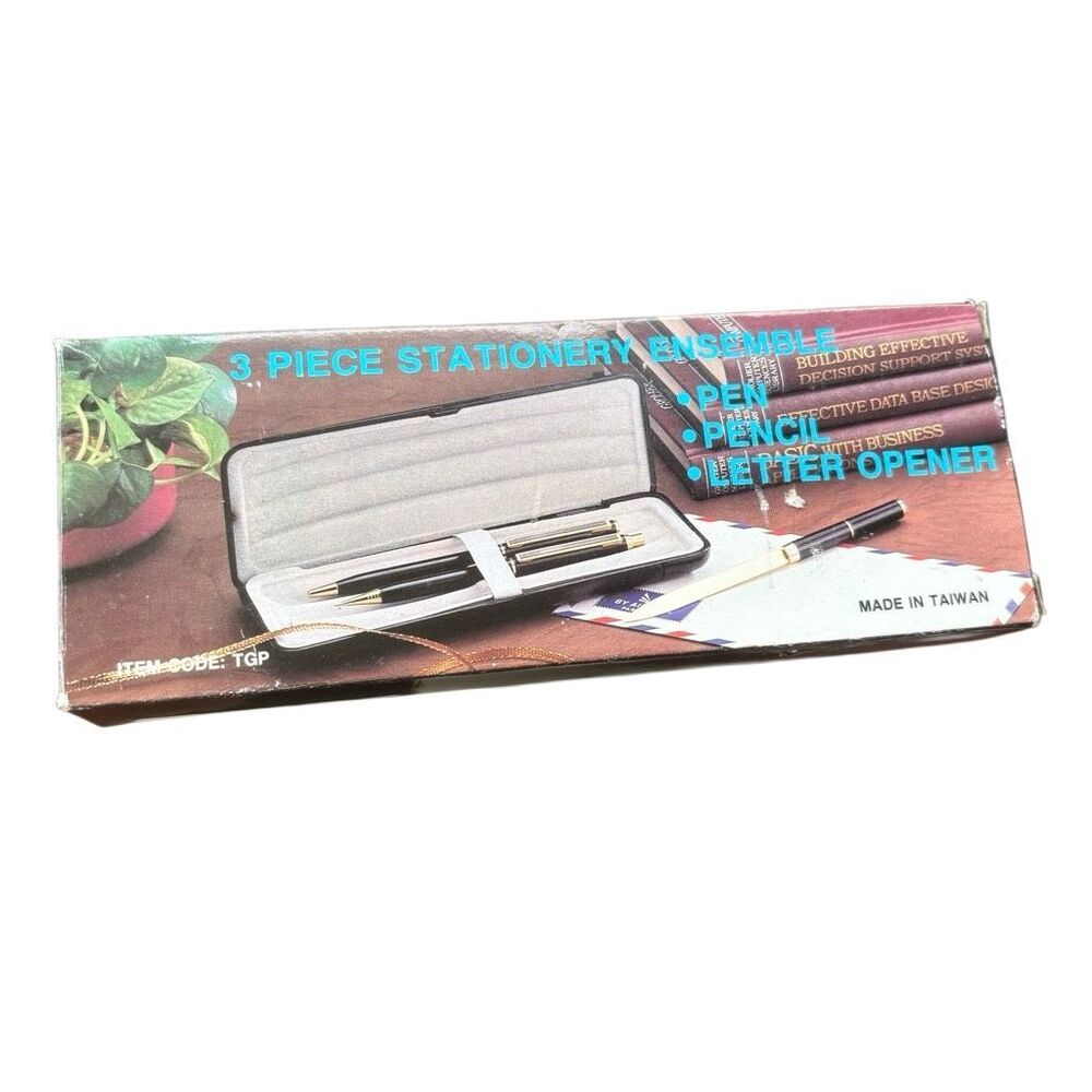 VTG 3 Piece Stationery Ensemble Set Pen Pencil Letter Opener Taiwan Boxed TGP